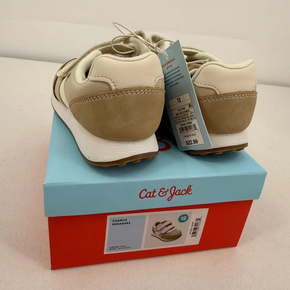 Cat & Jack Charlie Kids Sneakers Beige Cream Hook Loop Straps Size 12 NEW